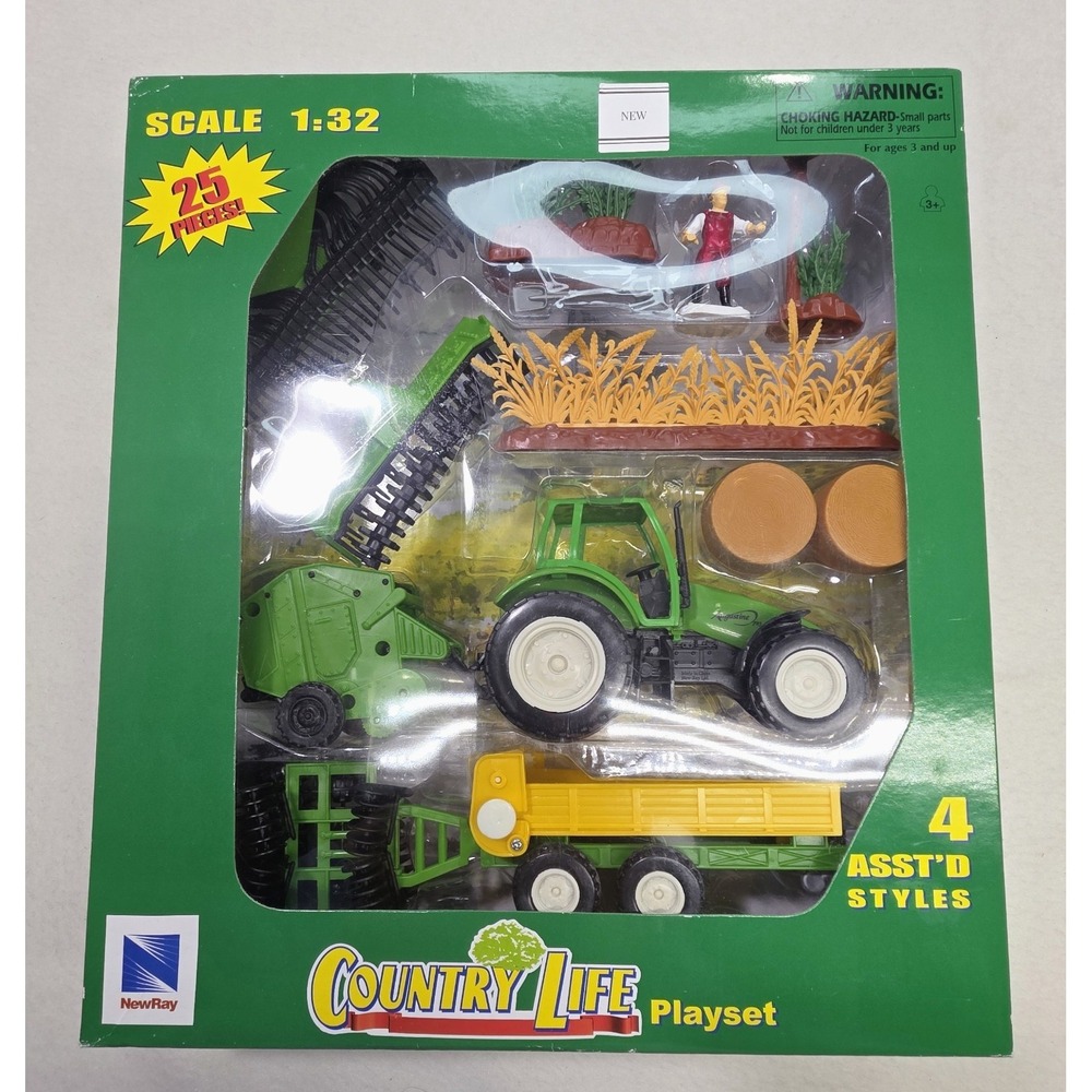 NEW RAY COUNTRY LIFE TRACTOR & Plow 25 Pieces Farmer Hay Bales